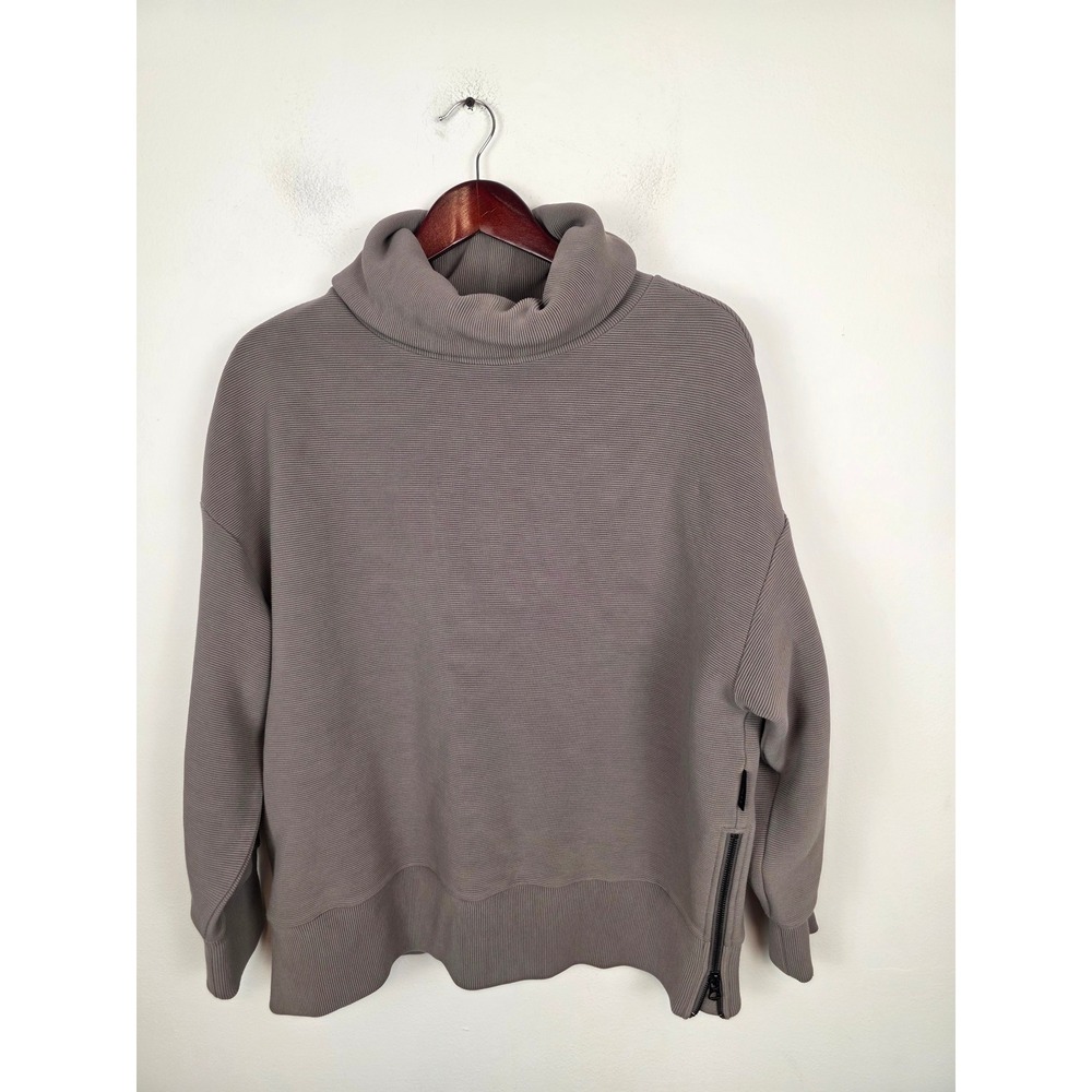 Varley Milton Ribbed Pullover Sweatshirt Taupe Grey Large Side Zips